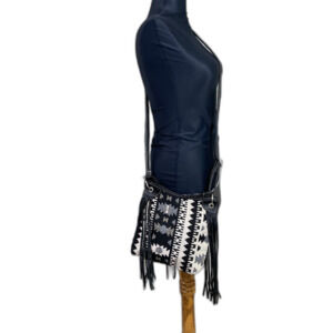 Women's Boho Crossbody Purse Bag Rodeo Aztec print fringe black/white zip top